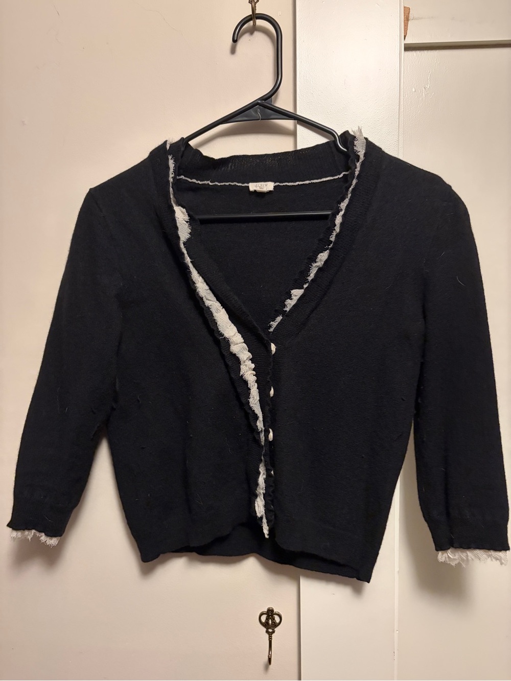 J. Crew Black V-Neck Cardigan with White Frayed Trim